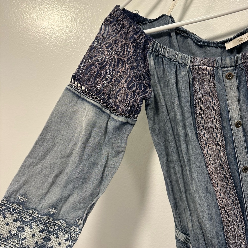 Miss me denim blue color Shoulder Romper with Lace Details - Picture 7 of 8